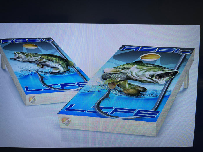 Reel Life Seabass  Cornhole Board Vinyl Wrap Laminated Sticker Set