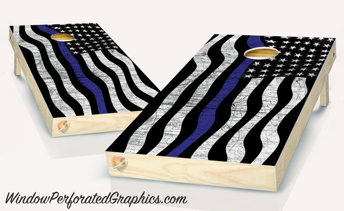 American Flag Black and White Thin Blue Line Cornhole Board Vinyl Wrap Laminated Sticker Set Decal