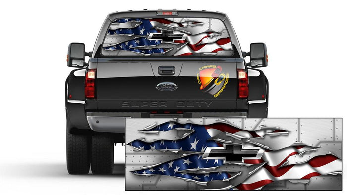 American Flag Ripped Metal Chevy  Patriotic Rear Window Graphic Perforated Decal Pickups Trucks Campers