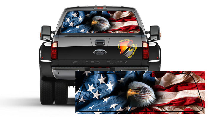 American Flag Wavy Eagle Patriotic  Rear Window Perforated Graphic Vinyl Decal Sticker Trucks Campers RV SUV Cars