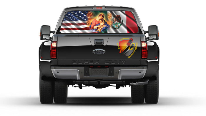 American & Mexican Flag Virgin Mary Rear Window Graphic Perforated Decal Vinyl Sticker
