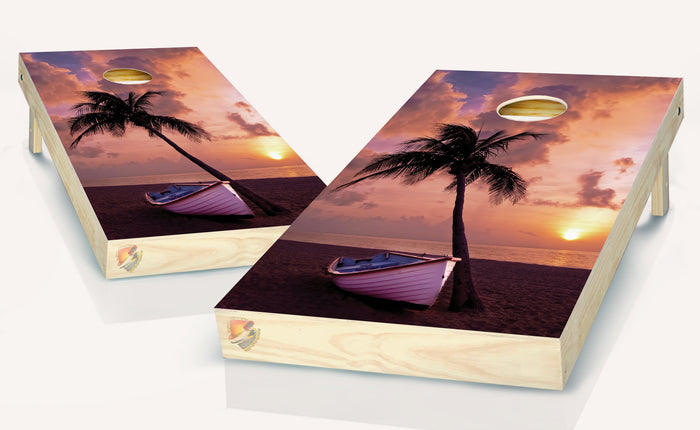 Beach Boat Sunset Cornhole Board Vinyl Wrap Laminated Decal Sticker Set