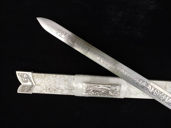 LoongSword,Han sword,Medium carbon steel etch blade,White scabbard