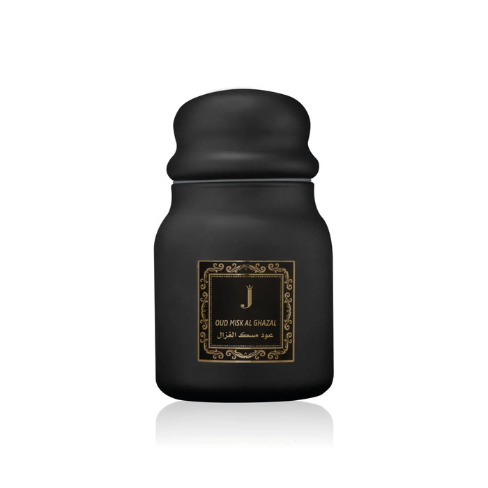 Elegant black Oud Misk Al Ghazal perfume bottle by Jamr Al Oud Perfumes on white background