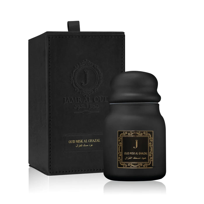 Oud Misk Al Ghazal perfume bottle and elegant black box by Jamr Al Oud Perfumes