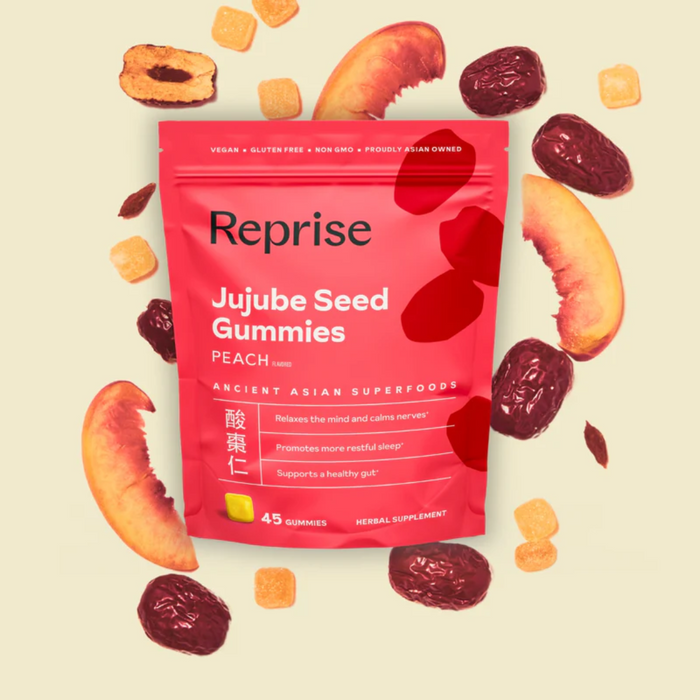 Reprise Jujube Seed Gummies packaging with gummies and dried fruits on a light beige background