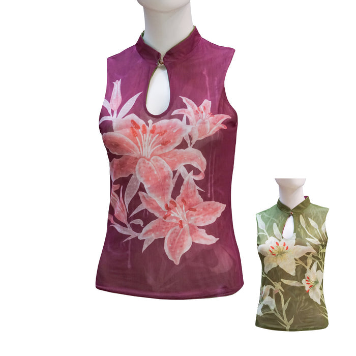 Reversible Sleeveless Qipao Top with Keyhole Neckline - Lilies