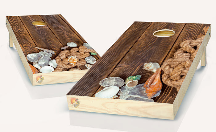 Rustic Wood Shells Beach Cornhole Board Vinyl Wrap Laminated Sticker Set Decal