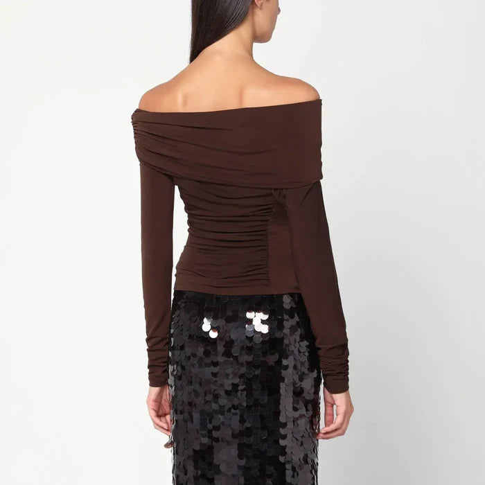 THE ANDAMANE - Top with bare shoulders in brown jersey Brand Shirts & Tops 44  IT