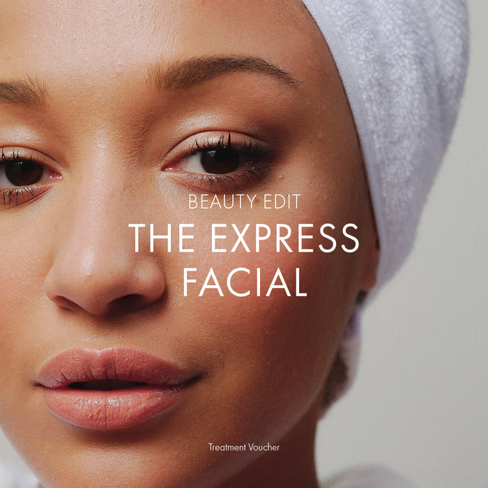 A close-up of a woman's face with a towel on her head, promoting a beauty treatment called 'The Express Facial' which is a treatment voucher.