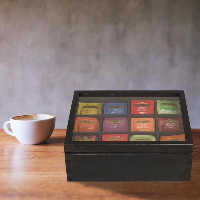 White Whale Tea Storage Chest Adjustable 12 Compartment Tea Bags Organizer Container Tea Box with Glass Window