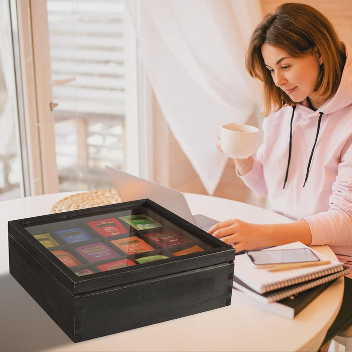 White Whale Tea Storage Chest Adjustable 12 Compartment Tea Bags Organizer Container Tea Box with Glass Window