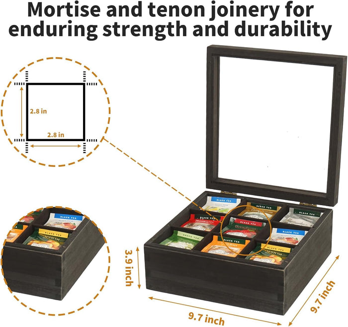 White Whale Tea Storage Chest Adjustable 9 Compartment Tea Bags Organizer Container Tea Box with Glass Window