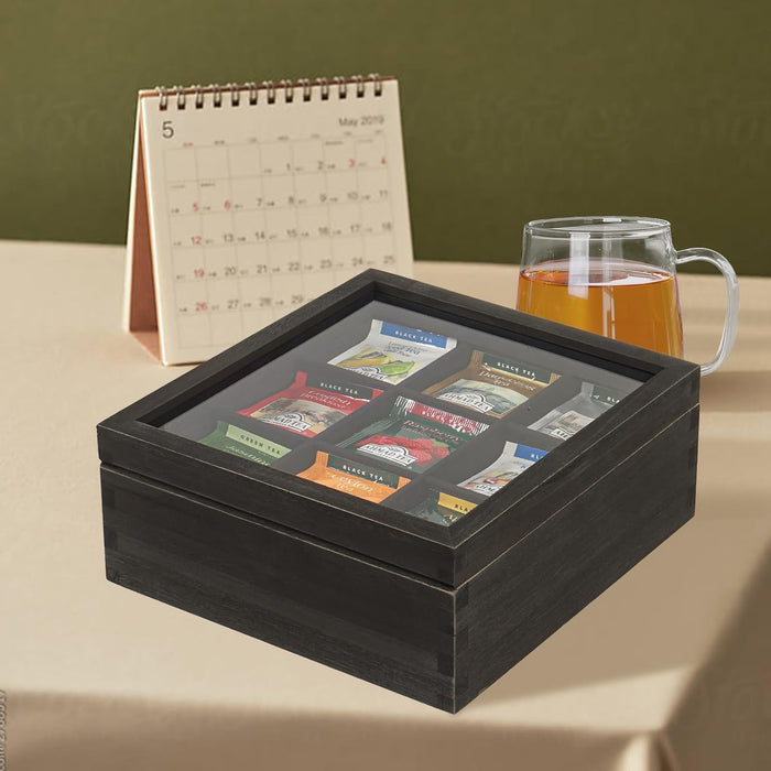 White Whale Tea Storage Chest Adjustable 9 Compartment Tea Bags Organizer Container Tea Box with Glass Window