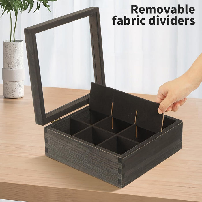 White Whale Tea Storage Chest Adjustable 9 Compartment Tea Bags Organizer Container Tea Box with Glass Window