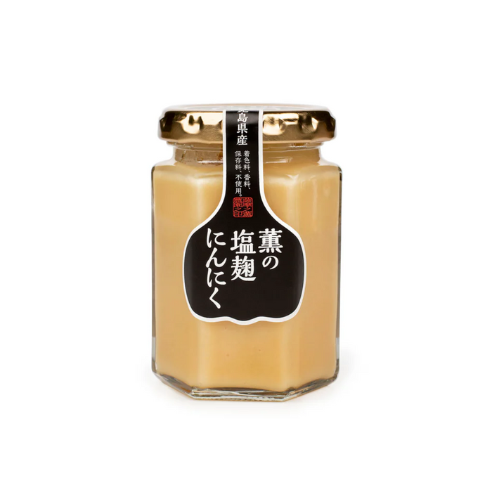 Jar of Shio Koji Garlic Paste with a black label on a white background