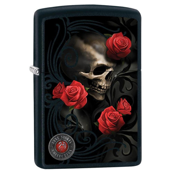Zippo Lighter: Anne Stokes Skull and Roses - Black Matte 80010 (2029568098419)