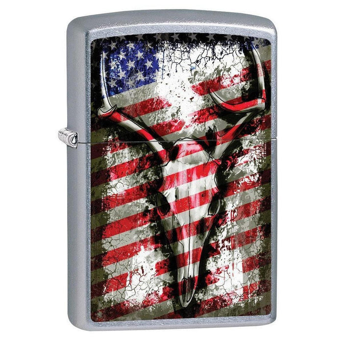 Zippo Lighter: Deer Skull and American Flag - Street Chrome 79572 - Gear Exec (1975627382899)