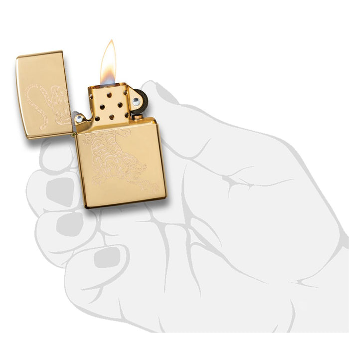 Zippo Lighter: Engraved Tiger - High Polish Brass 29884