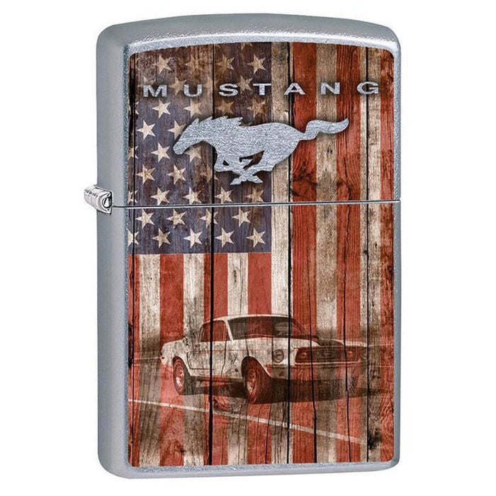 Zippo Lighter: Ford Mustang and American Flag - Street Chrome 79623 - Gear Exec (1975628300403)